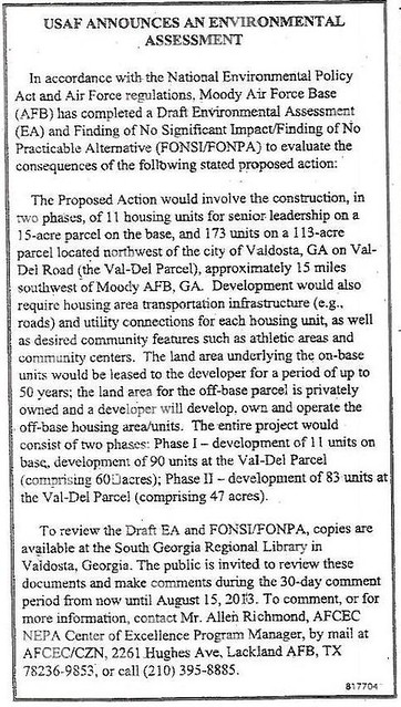USAF announces an Environmental Assessment (Moody Housing on Val Del Road)