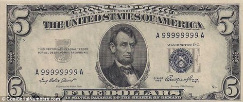Five dollar bill serial number all 9s