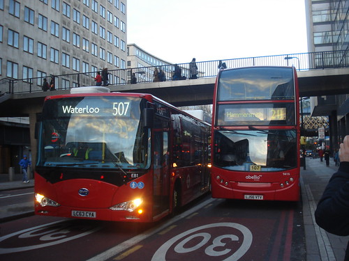London General EB1 on Route 507 and Abellio 9416 on Route 211, Waterloo