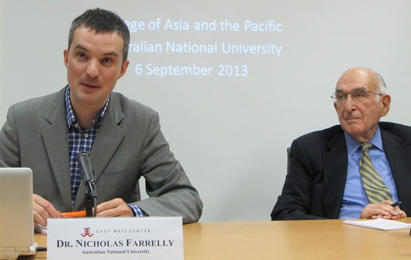 Burma/Myanmar expert Dr. David Steinberg of Georgetown University (right) served as discussant and guest-host for Dr. Nich Farrelly's (left) presentation at the East-West Center in Washington on what the new capitol of Naypyitaw means for Myanmar.