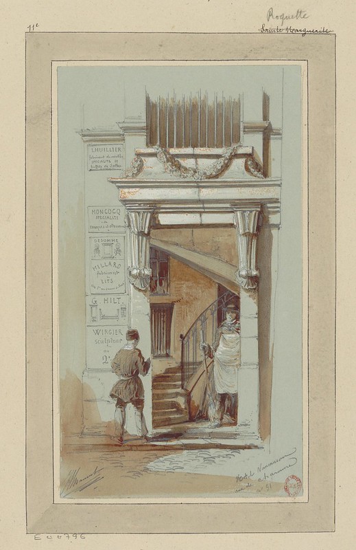 watercolour & pen sketch of 19th century Paris urban scene - 2 figures in entranceway of narrow tall ornate building with curved stairway