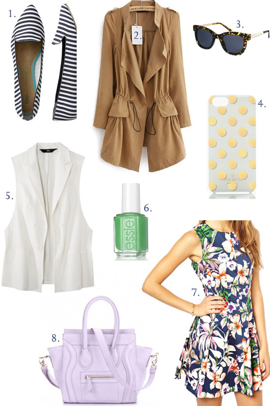 spring wardrobe updates under $50, Gap striped pointy toe flats, Sheinside trench coat, Kate Spade Le Pavillion iPhone case, AX Paris Floral Skater Dress, Essie Mojito Madness nail polish, Target Mossimo collared vest, spring fashion under $50