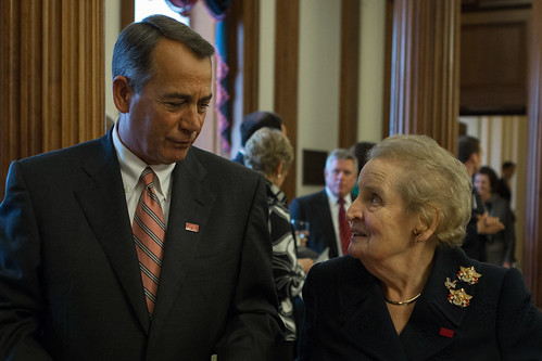 Speaker John Boehner chats with former Secretary of State Madeline Albright following a U.S. Capitol ceremony honoring Winston Churchill.