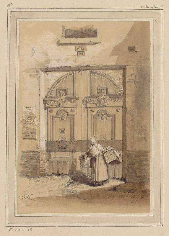 19th c. sketch of woman carrying wicker baskets facing large ornate double doors of an urban Paris building