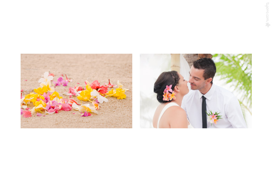 A Kiss. tropical petals, wedding ceremony Rarotonga