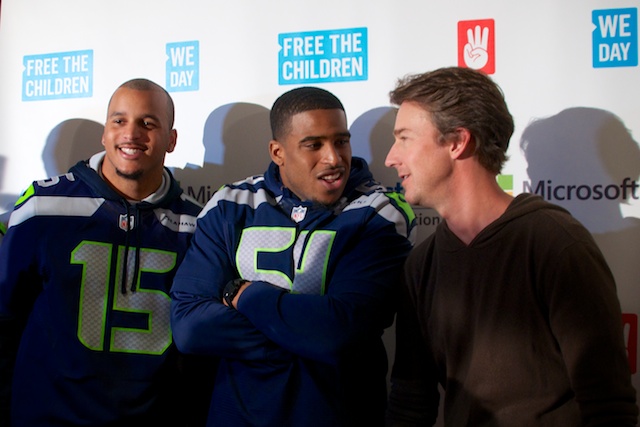 Seahawks Jermaine Kearse and Derrick Coleman with Ed Norton at We Day Seattle