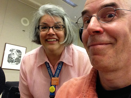 Recording the walking tour podcast for Portland's Central Library with Producer/Librarian Lee C. by Bart King