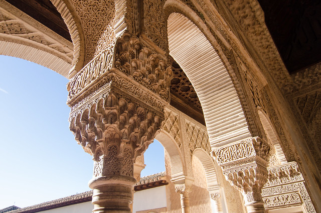 Moorish carvings and architecture in the palace of the Generalife at the Alhambra.