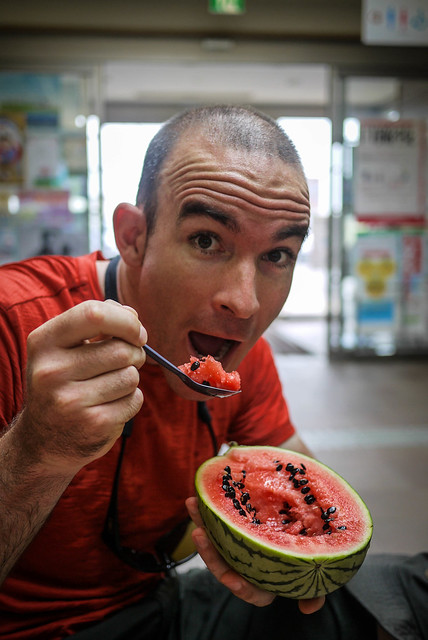 Fresh watermelon - a nice treat along the way near Teshio, Hokkaido, Japan
