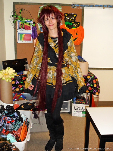 CDI College Laval Campus Halloween Costumes and Decoration Themes - Brown Wig and Yellow with Black Dress