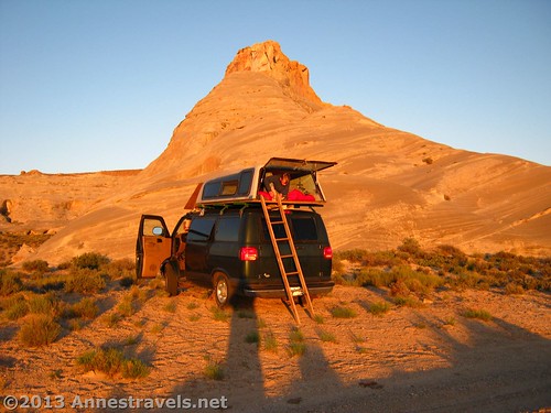 Wouldn’t you rather sleep up there than on the ground? Not really; I sleep inside the van! Near the “Graveyard of Arches” in Utah.