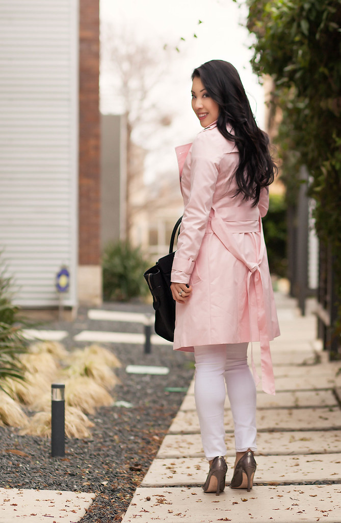 cute & little blog | petite fashion | pink trench springtime layering, navy breton stripes top, white jeans, statement necklace, celine outfit