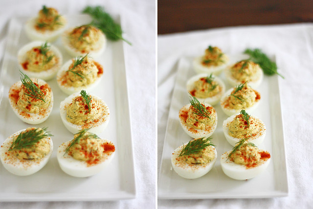 creamy deviled eggs with red onion, capers and dill