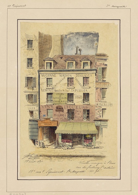 watercolour & pen sketch of 19th century Parisian commercial building