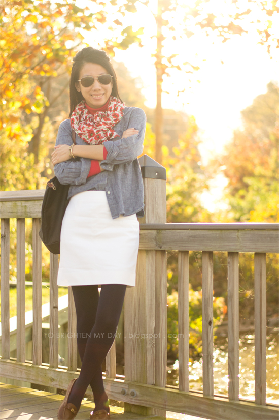 floral scarf, chambray shirt, white wool skirt, brown loafers