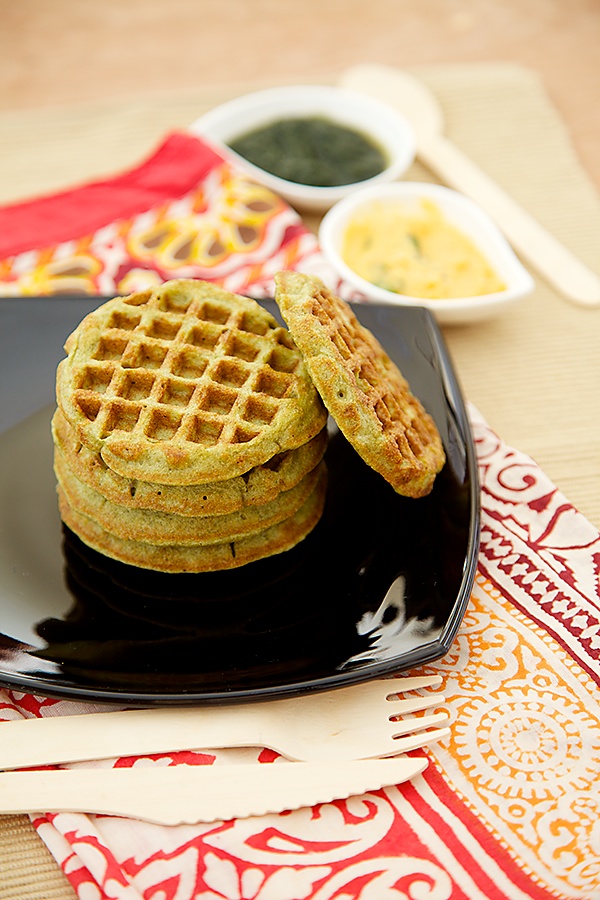 Moong Dal Waffles/Green Gram Waffles With Green and Red Chutney