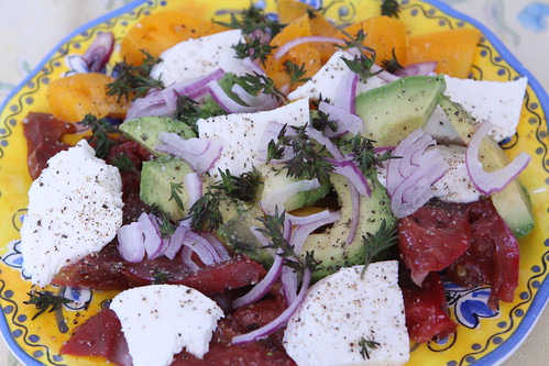 Heirloom Tomato and Avocado Salad with Mozzarella, Red Onion, and Summer Savory