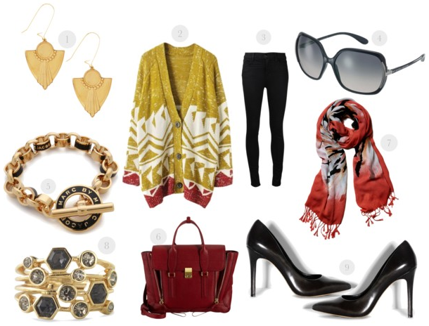 Oversized cardigan, toggle bracelet, gold earrings, stackable rings, black heels