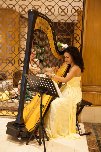 Lovely harpist playing during afternoon tea