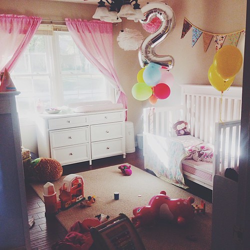 Messy room + balloons.