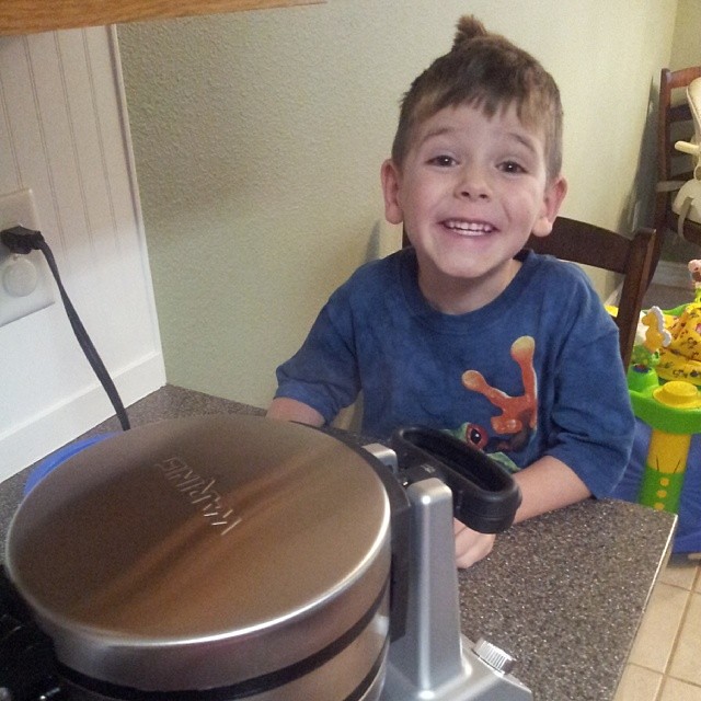 First morning to use our new waffle maker... Someone's excited!