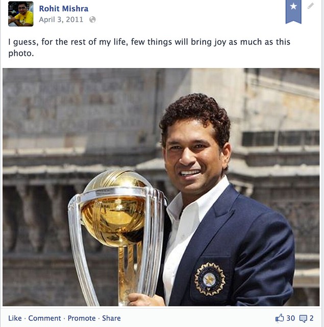 My Facebook post with Sachin with the World Cup