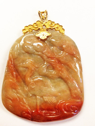 Ming's of Honolulu Vintage Red Jade Pendant Large with Stork Carving