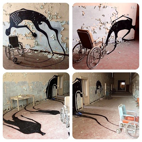 Brazilian street artist, Herbert Baglione @hbaglione painting floating silhouette ghosts in abandoned places. so rad. wish I can encounter one some day.  #herbertbaglione #1000shadows by audkawa