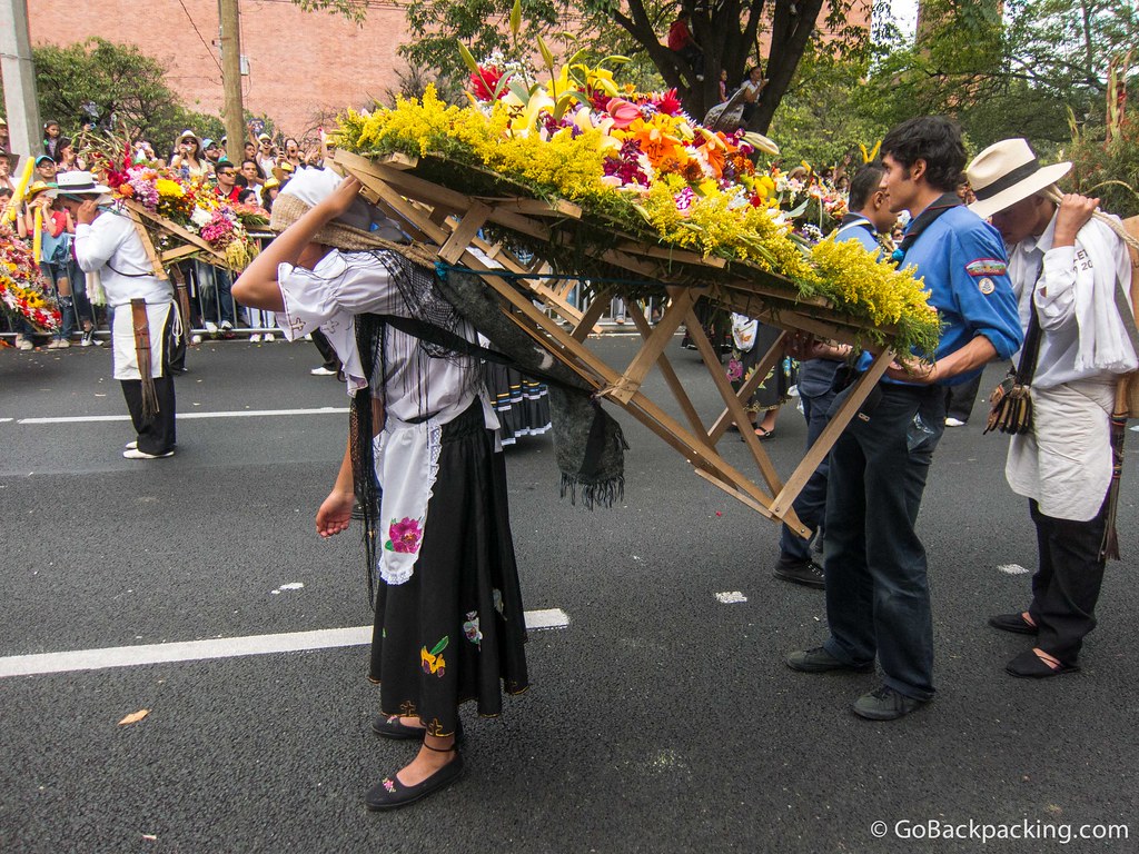 A silletera receives assistance carrying her flower display