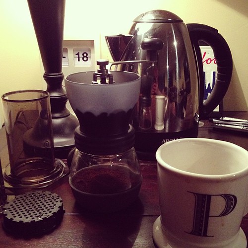 My tools: Medium Roast Beans, Electric kettle, AeroPress, ceramic burr grinder, Mug. #coffee #espresso #addiction #tools