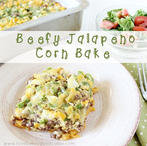 Beefy Jalapeno Corn Bake piece with green salad and red tomatoes on white plate