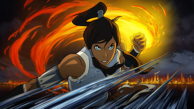 Avatar Korra standing in a tornado of water and fire.