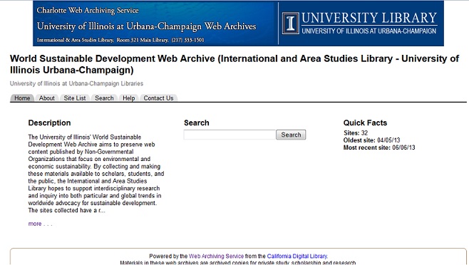 Screenshot of the World Sustainable Development Web Archive webpage.
