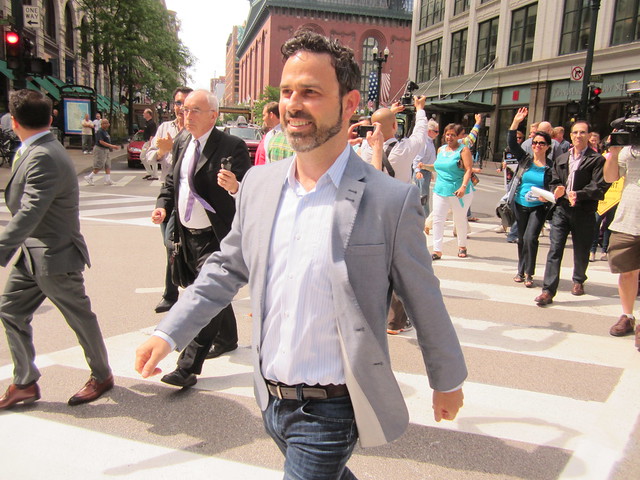 Gabe Klein walks across the first pedestrian scramble. Photo: John Greenfield.