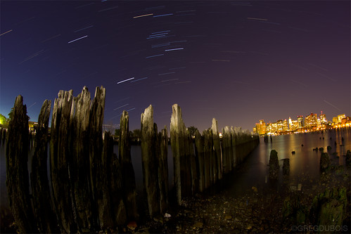 Star Trails over Boston Skyline and Dilapidated Pilings, Carlton's Wharf East Boston by Greg DuBois Photo