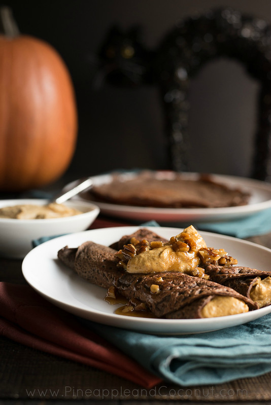 Chocolate Crepes with Spiced Pumpkin Butter and Maple Pecan Syrup www.PineappleandCoconut.com