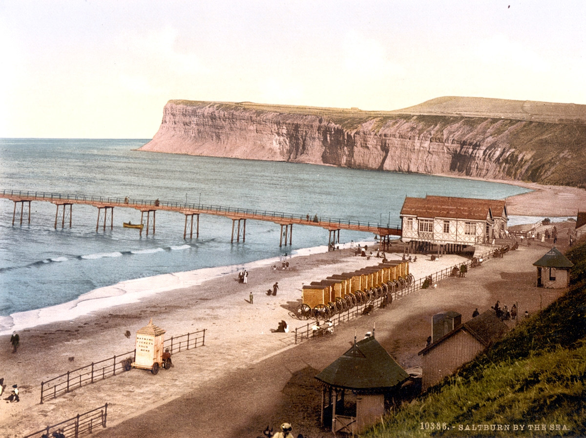 Saltburn-by-the-Sea Pier and bathing machines, Yorkshire, 1895