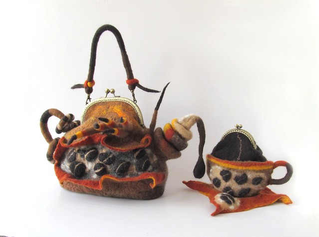 Coffee set - felted teapot purse and felted cup purse  - Out of Africa