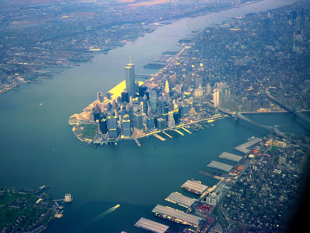 Southern Manhattan from airplane headed to LaGuardia, May 1982