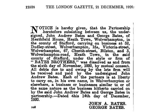 Notice from the London gazette dates 1921