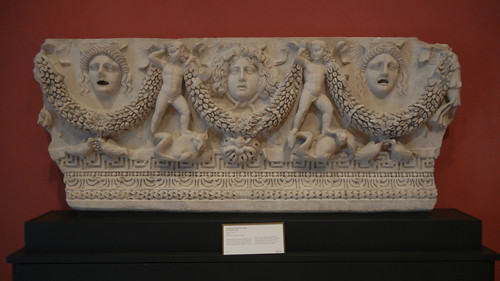 DSCN7464 _ Sarcophagus Panel with Medusa and Theater Masks, Getty Villa, July 2013