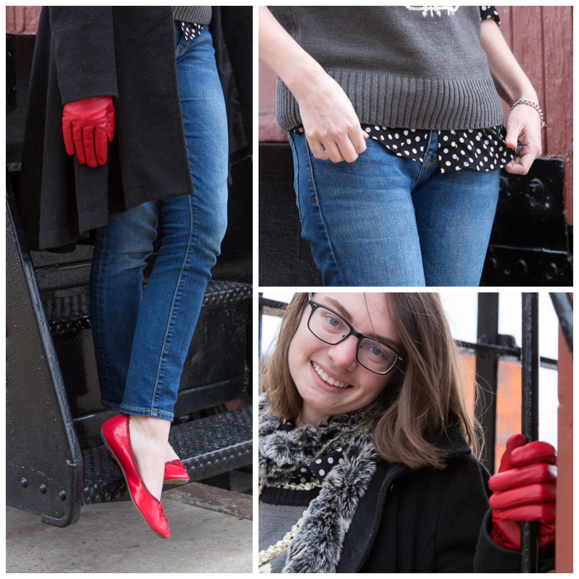 red gloves, owl sweater, polka dots, popbasic, red shoes, fur scarf, outfit, never fully dressed, withoutastyle, montana,