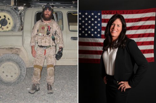 On the left, a photo of Chris Beck as a male navy seal. On the right, a photo of Kris Beck as a female veteran.