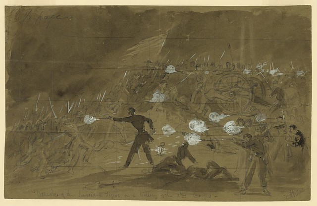 On the second day of battle, news artist Alfred Waud portrayed a major Confederate attack by the Louisiana Tigers at Cemetery Hill (LOC)