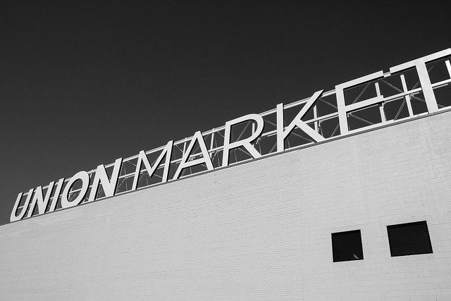 Union Market sign in black and white