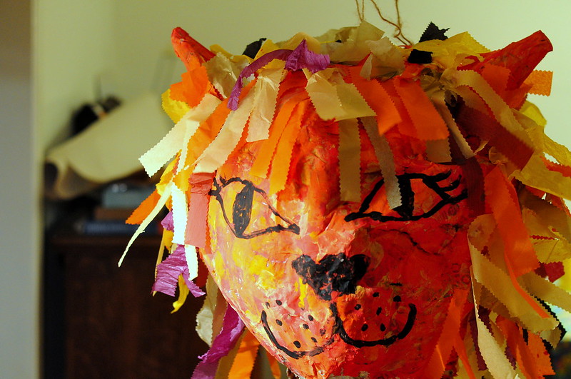 paper mache, pinata, lion head, birthday activity