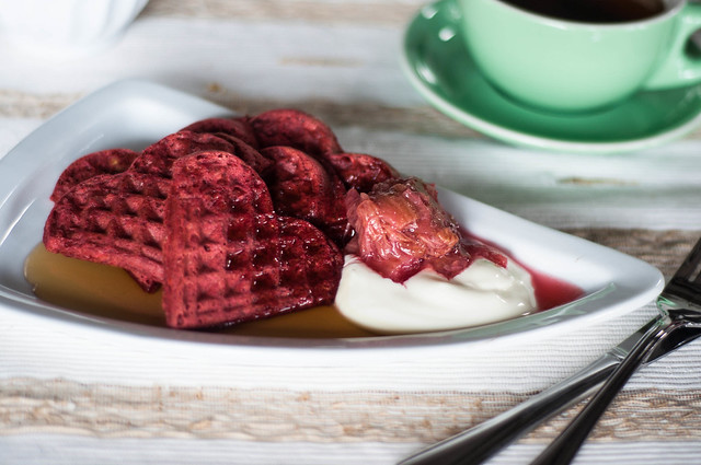 red beet waffles with rhubarb and greek yogurt