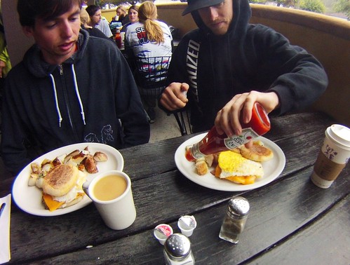 Andrew and Benny enjoy a free egg sandwich from Mollie's Country Cafe in Scotts Valley
