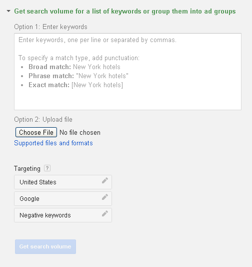 Google Keyword Planner offers users to find broad, phrase and exact match keywords