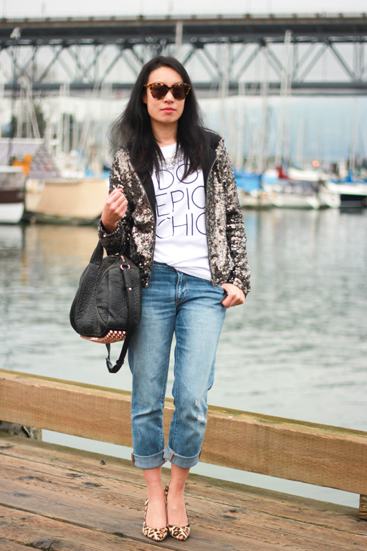 Song of Style for eLuxe Do Epic Chic t-shirt, Forever 21 sequinned hoodie, Gap distressed sexy boyfriend jeans, leopard Michael Kors pumps, Alexander Wang rose gold Rocco bag, Karen Walker Number One sunglasses, J. Crew statement necklace, fashion, style, Vancouver fashion blogger